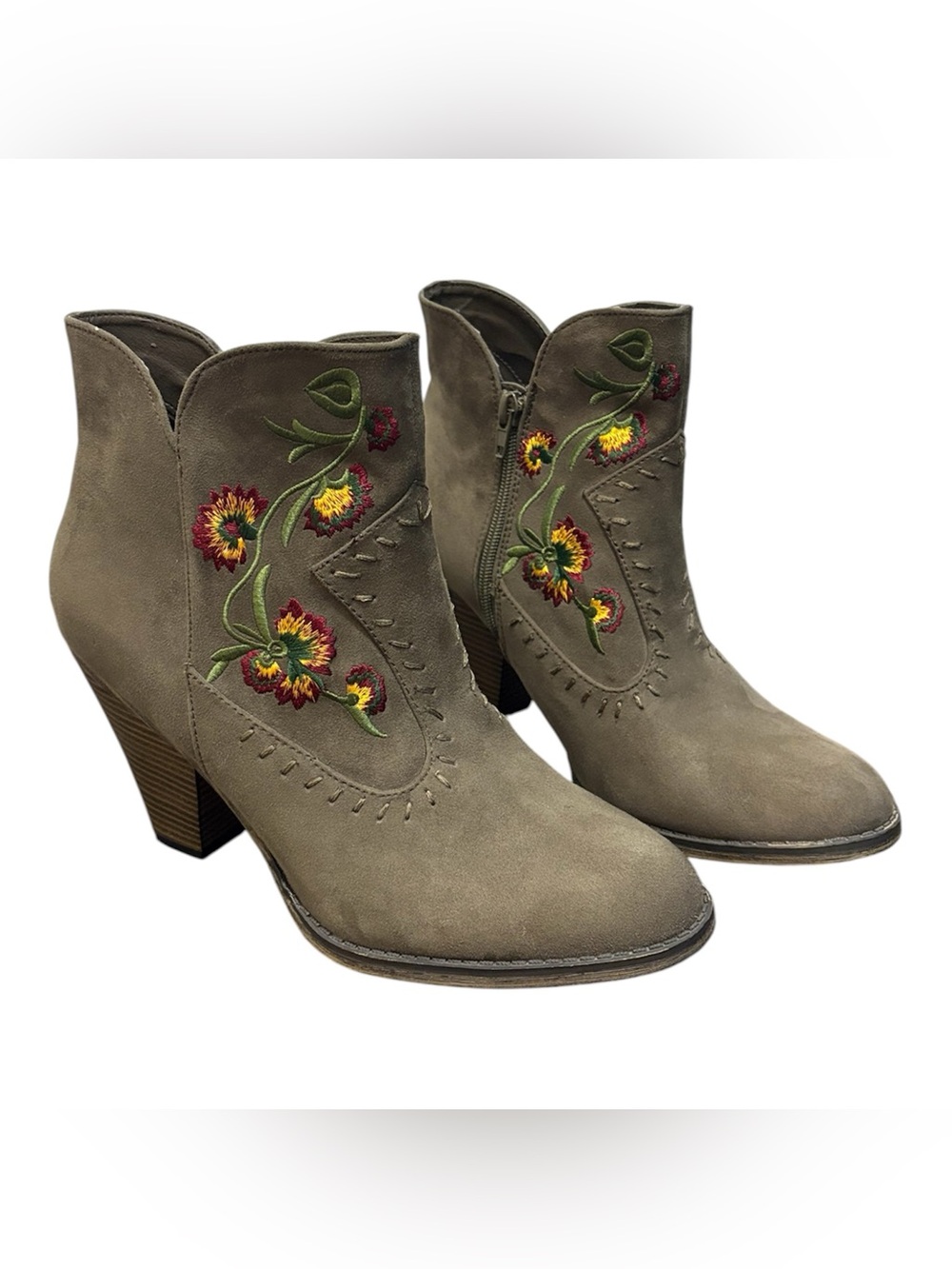 Taupe Suede Embroidered Floral Ankle Boots - Women's Western Booties NWOT